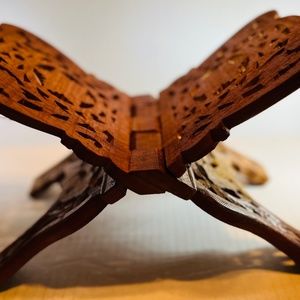 Hand Carved Wood Folding Book Rack Magazine Holder Made in India